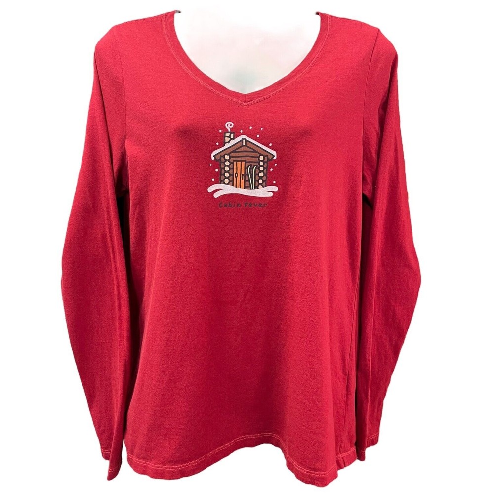 LIFE IS GOOD Womens Shirt Long Sleeve Pullover V-Neck  Red Size Small Cabin Logo